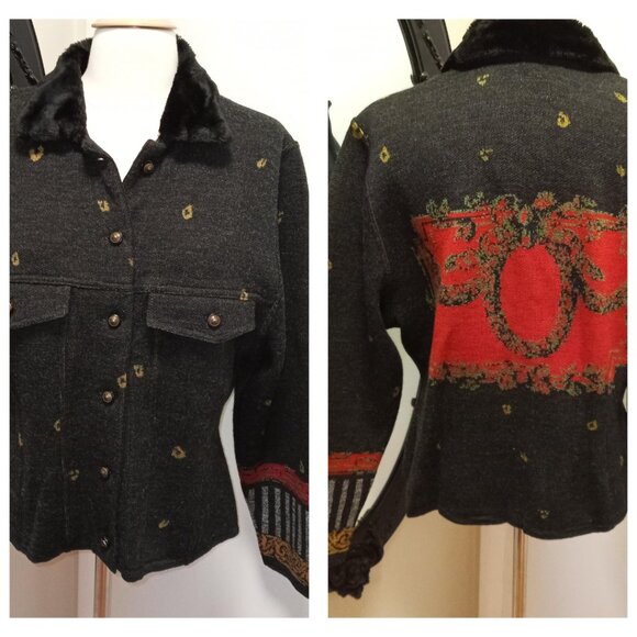 Eva & Claudi 100% Wool Unique Sweater Jacket Faux Fur Collar sz L  /B9 - Picture 1 of 10